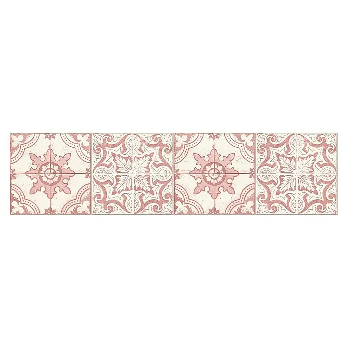 A.S. Création Only Borders 11 Tapetenborte FlieseRot/Weiß, 5 x 0,13 m, Vlies - Nahaufnahme von vier Fliesen mit floralen Mustern in Rosa- und Beigetönen, die eine dekorative Bordüre oder ein Paneel bilden.