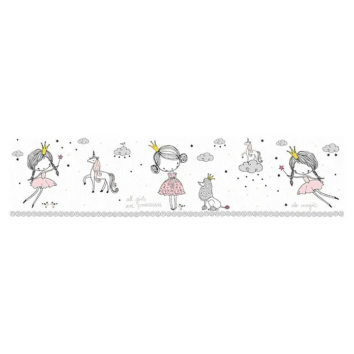 A.S. Création Only Borders 11 Tapetenborte Prinzessin - Kunststoff, Rosa - Niedliches Wandbild mit Prinzessinnenmotiven, inklusive einer Prinzessin mit Krone, einem Einhorn, einem Pudel und weiteren zauberhaften Details.