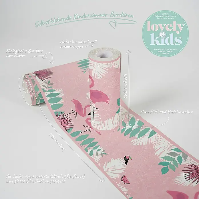 A.S. Création Lovely Kids Tapetenborte - Kunststoff, Flamingos - Selbstklebende Kinderzimmer-Bordüre mit Flamingo-Motiv, 500 cm lang und 15,5 cm hoch, ideal für strukturierte und glatte Oberflächen.
