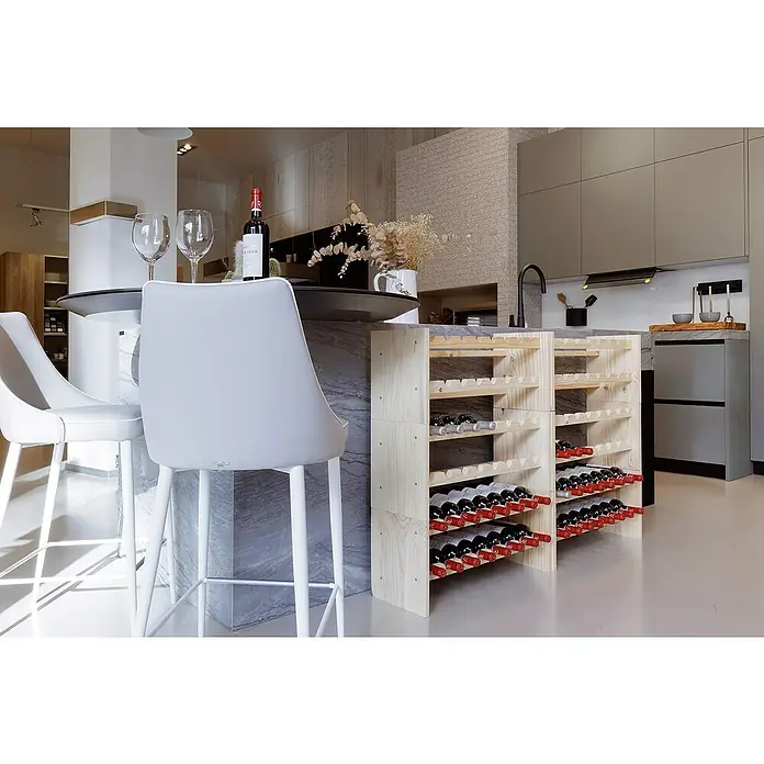 Astigarraga Botellero - L x An x Al: 25 x 68,4 x 30 cm, Madera - Botelleros de madera clara debajo de una encimera, llenos de botellas de vino. Un detalle elegante para cualquier cocina moderna.