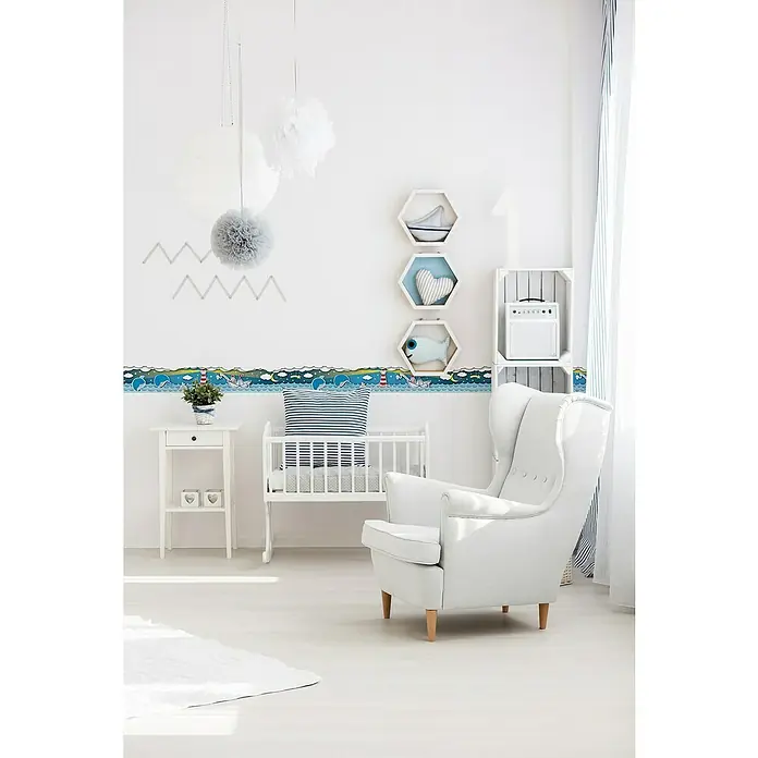A.S. Création Lovely Kids Tapetenborte - Kunststoff, Wale mit Sternen - Ein Kinderzimmer mit nautischem Wandbordüre mit Walen, Leuchttürmen und Booten, das eine verspielte und beruhigende Atmosphäre schafft.