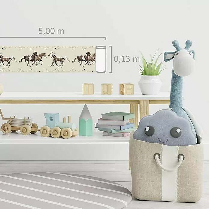 A.S. Création Only Borders 11 Tapetenborte Pferde - Kunststoff, Beige - Wandbordüre mit Pferdemotiv für Kinderzimmer, 5,00 m lang und 0,13 m breit.