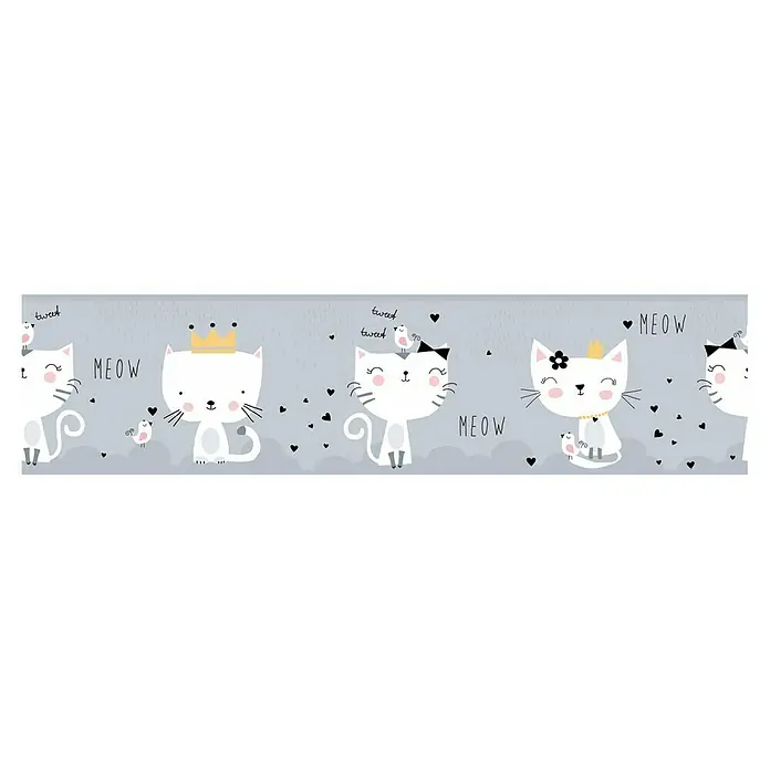 A.S. Création Lovely Kids Tapetenborte - Kunststoff, Kätzchen Grau - Niedliche Katzenbordüre mit verspielten Kätzchen, Krönchen, Vögeln und Herzen auf grauem Hintergrund. Ideal für Kinderzimmer.