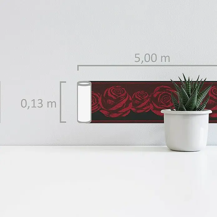 A.S. Création Only Borders 11 Tapetenborte Rosen - Kunststoff, Rot/Schwarz - Die rote Bordüre mit Rosenmuster auf schwarzem Grund misst 0,13 m in der Höhe und 5,00 m in der Länge. Dekorativ und elegant für jeden Raum.