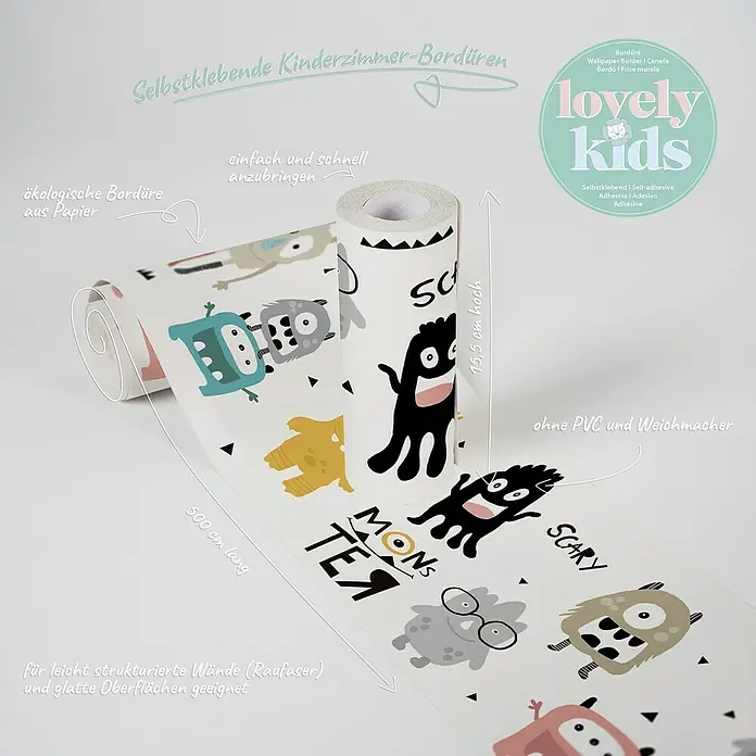 A.S. Création Lovely Kids Tapetenborte - Kunststoff, Monsterparty - Selbstklebende Kinderzimmer-Bordüre mit lustigen Monstern. Die Bordüre ist 500 cm lang und 15,5 cm hoch und besteht aus Papier ohne PVC und Weichmacher.