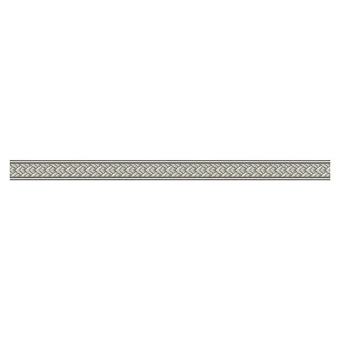 A.S. Création Only Borders 11 Tapetenborte OrnamentSilber/Braun, 5 x 0,04 m, Selbstklebefolie - Das Bild zeigt eine dekorative Bordüre mit einem sich wiederholenden Fischgrätenmuster in Grau- und Weißtönen. Elegante Zierleiste für Wanddekoration.