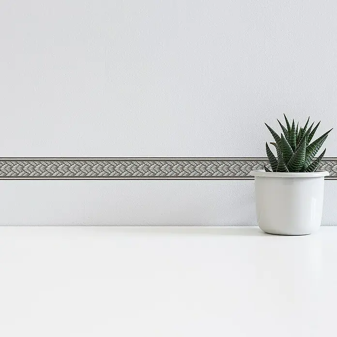 A.S. Création Only Borders 11 Tapetenborte OrnamentSilber/Braun, 5 x 0,04 m, Selbstklebefolie - Nahaufnahme einer Haworthia-Zebrapflanze in einem weißen Topf, platziert auf einer weißen Oberfläche vor einer weißen Wand mit Bordüre.