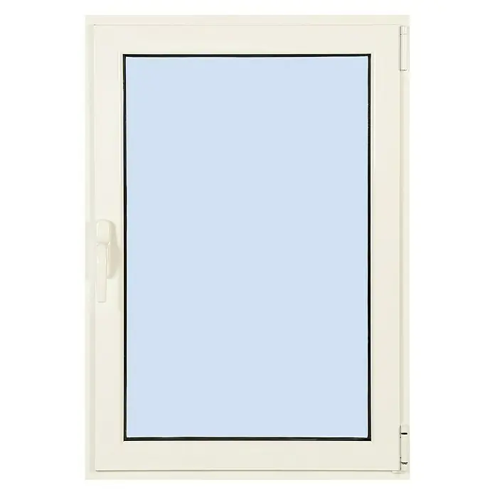 Solid Elements Ventana de aluminio Practicable - 60 x 100 cm, Derecha, Blanco - Una ventana blanca con un tirador lateral y un marco que encierra el vidrio que muestra un reflejo del cielo azul.