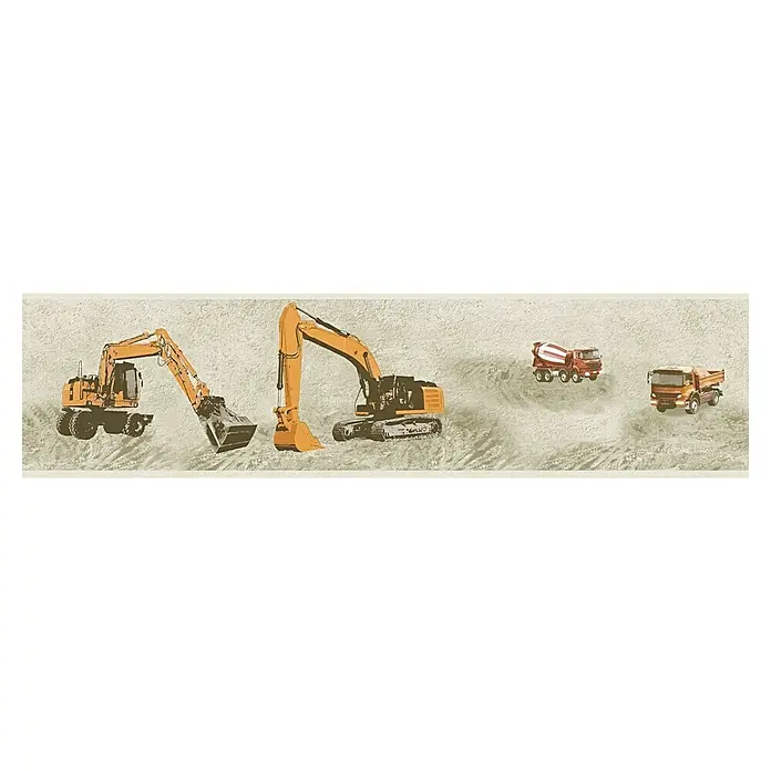A.S. Création Only Borders 11 Tapetenborte Bagger - Kunststoff, Beige - Ein Panoramabild mit verschiedenen Baufahrzeugen, darunter Bagger und Lastwagen, vor einem neutralen Hintergrund.