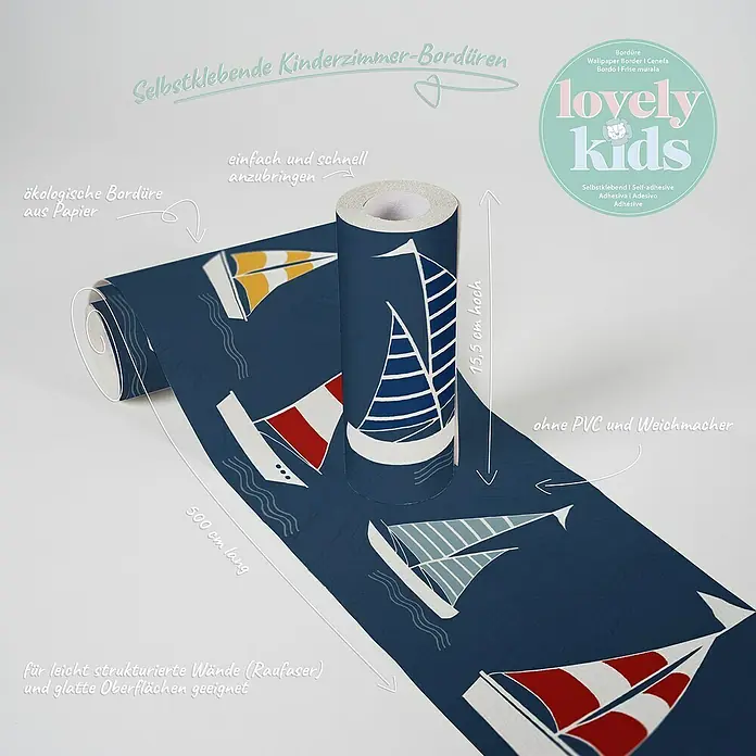 A.S. Création Lovely Kids Tapetenborte - Kunststoff, Segelschiffe - Selbstklebende Kinderzimmer-Bordüre mit Segelboot-Motiv, 15,5 cm hoch und 500 cm lang, ideal für strukturierte und glatte Oberflächen.