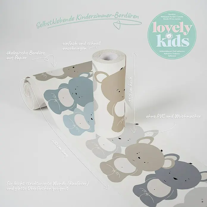 A.S. Création Lovely Kids Tapetenborte - Kunststoff, Bärchen Beige-Blau - Nahaufnahme einer Rolle selbstklebender Kinderzimmerbordüre mit Bärenmotiven, ideal zur Dekoration von Kinderzimmern.