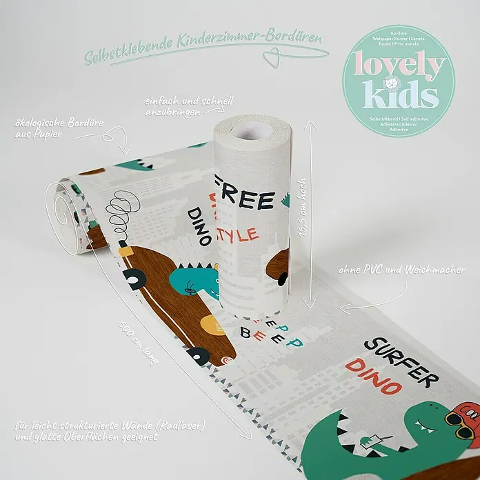 A.S. Création Lovely Kids Tapetenborte - Kunststoff, Dinos - Selbstklebende Kinderzimmer-Bordüre mit Dino-Motiv, 500 cm lang und 15,5 cm hoch, für strukturierte und glatte Oberflächen.