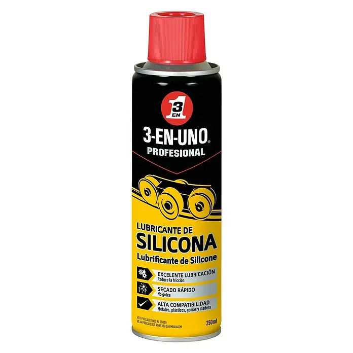 3 en 1 Spray lubricante de silicona - 250 ml - Imagen de una lata de lubricante de silicona profesional 3-EN-UNO, ideal para reducir la fricción y ofrecer alta compatibilidad de materiales.