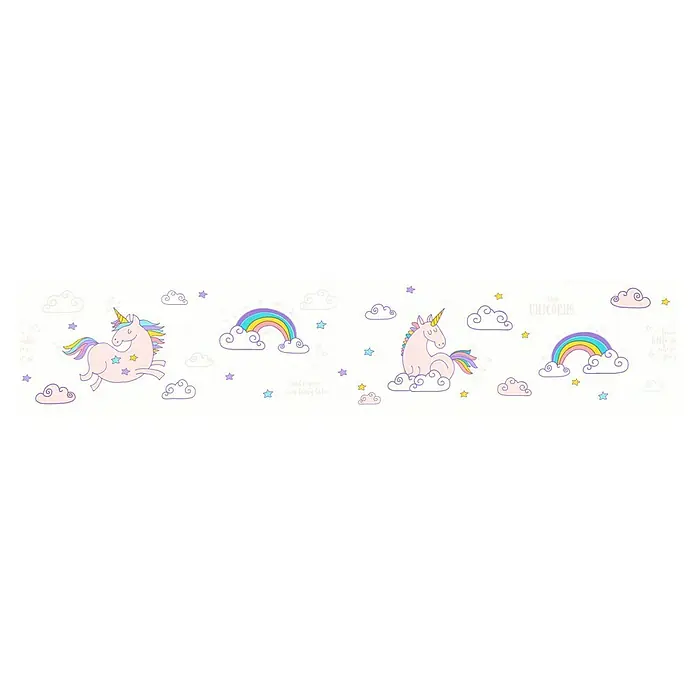 A.S. Création Only Borders 11 Tapetenborte Einhorn - Kunststoff, Weiß - Das Bild zeigt ein niedliches Einhorn-Design mit Einhörnern, Regenbögen und Wolken, ideal für Kinderzimmerdekorationen.