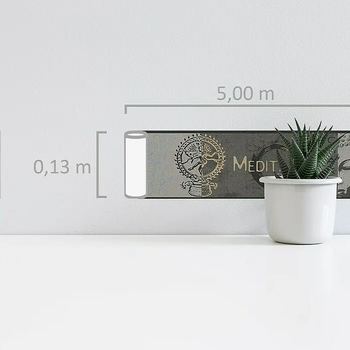 A.S. Création Only Borders 11 Tapetenborte Asiamotiv - Kunststoff, Grau - Das Produkt ist eine dekorative Wandtapete mit religiösen Motiven in Grau- und Goldtönen, die einen Hauch von Spiritualität und Stil in jeden Raum bringt.