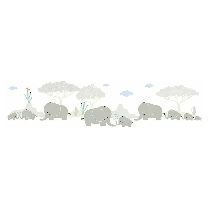 A.S. Création Only Borders 11 Tapetenborte Elefanten - Kunststoff, Grau/Weiß - Wandaufkleber mit Elefantenfamilie in sanften Farben. Ideal für Kinderzimmer, mit Bäumen und Wolken für eine friedliche Atmosphäre.