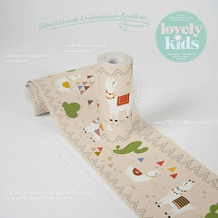 A.S. Création Lovely Kids Tapetenborte - Kunststoff, Wüste - Selbstklebende Kinderzimmer-Bordüre mit Lama-Motiv. Die Bordüre ist 500 cm lang und 15,5 cm hoch, ohne PVC und Weichmacher.