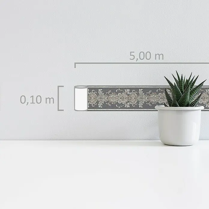 A.S. Création Only Borders 11 Tapetenborte Ornament - Kunststoff, Graphit/Silber - Ein dekorativer Bordürenstreifen mit einem eleganten Muster in Grau- und Beigetönen, ideal zur Verschönerung von Wänden und Möbeln.