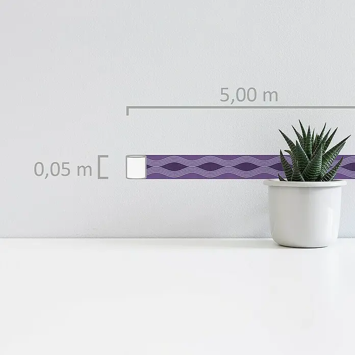 A.S. Création Only Borders 11 Tapetenborte - Lila, 5 x 0,05 m, Selbstklebefolie - Eine Nahaufnahme eines lilafarbenen Bordüre mit einem weißen Blumentopf und der Beschriftung "5,00 m" und "0,05 m".