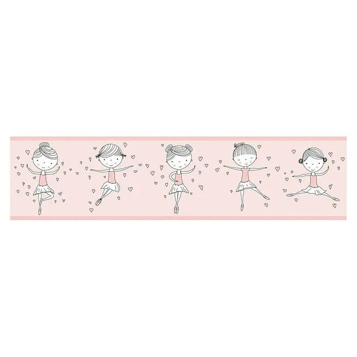 A.S. Création Only Borders 11 Tapetenborte - Kunststoff, Ballerina - Illustration mit fünf Ballerinenfiguren in verschiedenen Posen, umgeben von kleinen Herzchen auf rosafarbenem Hintergrund.