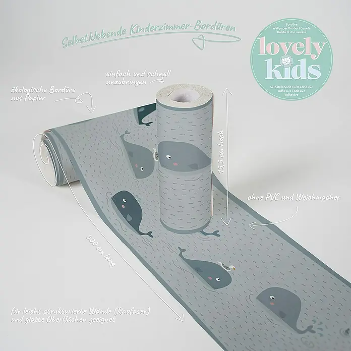 A.S. Création Lovely Kids Tapetenborte - Kunststoff, Wale - Selbstklebende Kinderzimmer-Bordüre mit Wal-Motiv. Die Bordüre ist 500 cm lang und 15,5 cm hoch, ökologisch aus Papier und ohne PVC.
