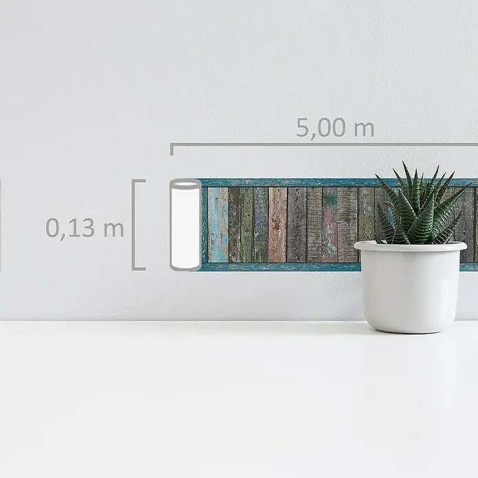 A.S. Création Only Borders 11 Tapetenborte Bretter - Kunststoff, Braun/Blau - Wandbordüre in Holzoptik mit blauen Akzenten und Maßangaben, ideal als dekoratives Element für jeden Raum.