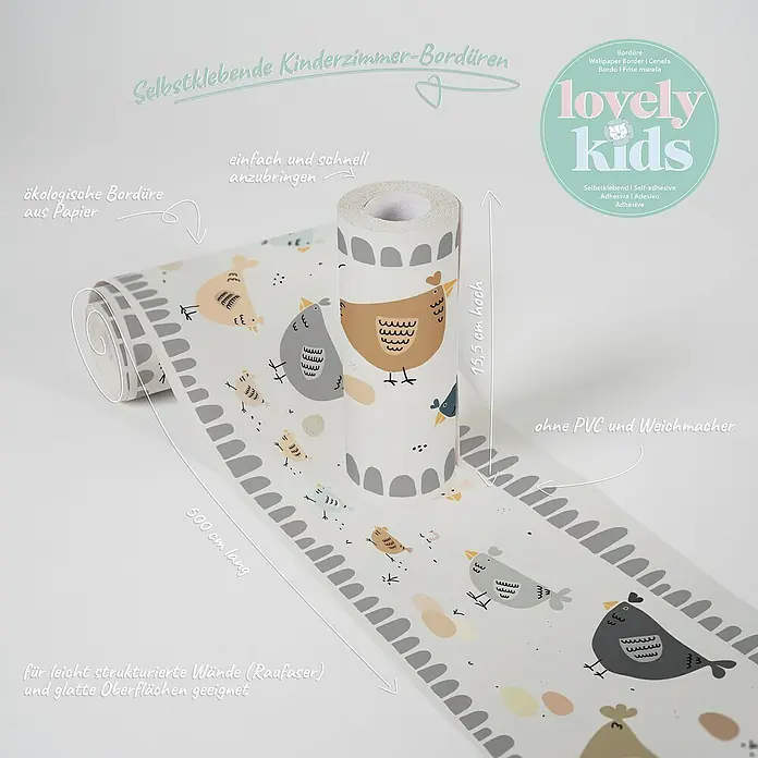 A.S. Création Lovely Kids Tapetenborte - Kunststoff, Hühner - Selbstklebende Kinderzimmer-Bordüre mit niedlichem Hühner-Design. Die Bordüre ist ökologisch, einfach anzubringen und PVC-frei. 500 cm lang und 15,5 cm hoch.