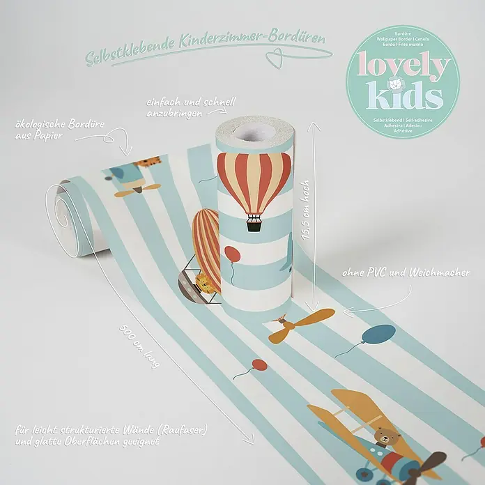 A.S. Création Lovely Kids Tapetenborte - Kunststoff, Luftparty - Selbstklebende Kinderzimmerbordüre mit Luftballons und Flugzeugen. 500cm lang, 15,5cm hoch, ohne PVC und Weichmacher, für strukturierte Wände geeignet.