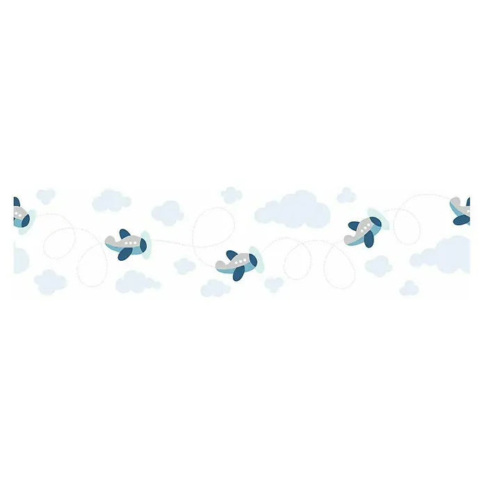 A.S. Création Lovely Kids Tapetenborte - Kunststoff, Flugzeug - Niedliches Flugzeug-Bordüren-Design mit kleinen Flugzeugen, die zwischen weichen, blauen Wolken durch den Himmel fliegen.