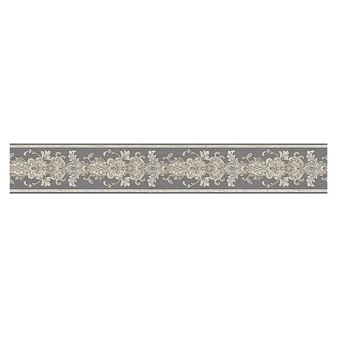 A.S. Création Only Borders 11 Tapetenborte Ornament - Kunststoff, Graphit/Silber - Detailreiche Bordüre mit floralen Ornamenten in Grau- und Beigetönen, ideal für eine elegante Wandgestaltung.