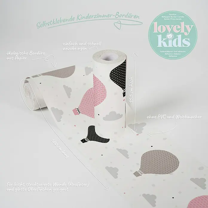 A.S. Création Lovely Kids Tapetenborte - Kunststoff, Heißluftballons - Selbstklebende Kinderzimmer-Bordüre mit Ballonmotiv, 15,5 cm hoch und 500 cm lang, ökologisch und ohne PVC, ideal für glatte Oberflächen.