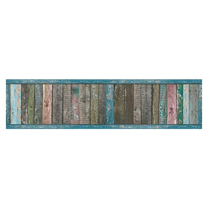 A.S. Création Only Borders 11 Tapetenborte Bretter - Kunststoff, Braun/Blau - Buntes Holzpaneel mit blauem Rahmen. Rustikales Design mit verschiedenen Farben und Texturen für eine vintage Wanddekoration.