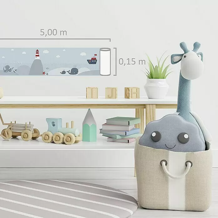 A.S. Création Only Borders 11 Tapetenborte Meerestreiben - Kunststoff, Blau - Maritimer Wandfries für Kinderzimmer mit Leuchtturm, Walen und Boot. Misst 5,00m Länge x 0,15m Höhe.