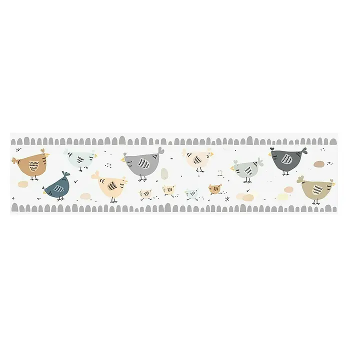 A.S. Création Lovely Kids Tapetenborte - Kunststoff, Hühner - Ein lebhaftes Muster mit bunten Hühnern und Küken, ideal für frühlingshafte Dekorationen und Textilien. Niedliche Illustration mit rustikalem Charme.