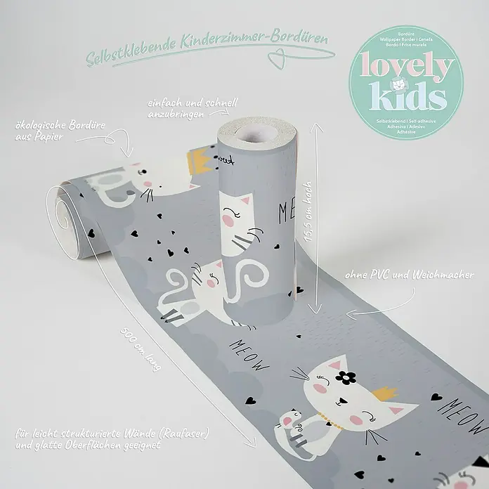 A.S. Création Lovely Kids Tapetenborte - Kunststoff, Kätzchen Grau - Selbstklebende Kinderzimmer-Bordüre mit Katzenmotiv, 15,5 cm hoch und 500 cm lang, ökologisch aus Papier und ohne PVC, für strukturierte Wände.