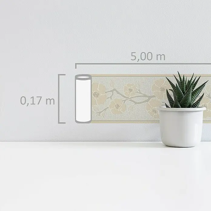A.S. Création Only Borders 11 Tapetenborte Ranke - Kunststoff, Beige/Weiß - Abmessungen der Bordüre mit zarten floralen Elementen in Beige und Grau, ideal für die Dekoration von Wänden und Möbeln.
