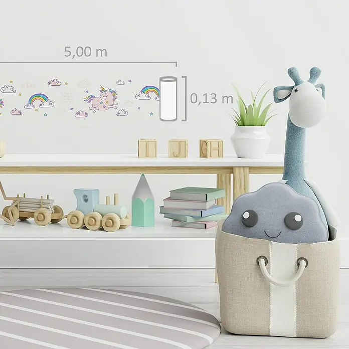 A.S. Création Only Borders 11 Tapetenborte Einhorn - Kunststoff, Weiß - Wandtattoo mit Einhorn, Regenbogen und Wolken zur Dekoration eines Kinderzimmers mit den Maßen 5,00 m x 0,13 m.