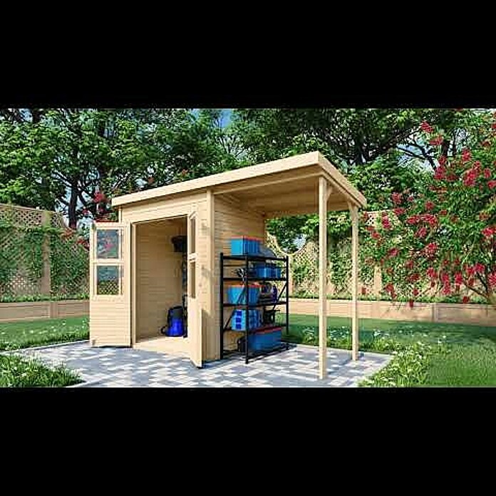 Karibu Gartenhaus Merseburg 2 (Außenmaß inkl. Dachüberstand (B x T): 329 x 142 cm, Holz, Natur, Mit Seitendach) | BAUHAUS