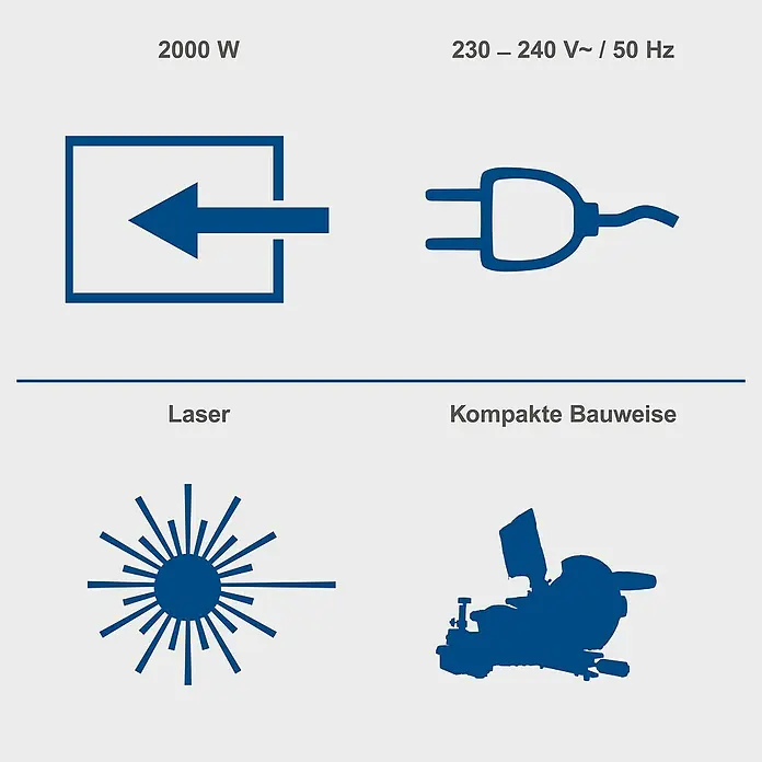 Scheppach Kappzugsäge HM216 - Durchmesser Sägeblatt: 216 mm, Leerlaufdrehzahl: 4.700 U/min, 2. Sägeblatt - Illustration der Produktspezifikationen: 2000 W Leistung, 230–240 V~/50 Hz, Laserfunktion und kompakte Bauweise.