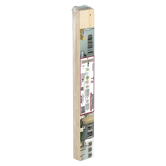 Astigarraga Botellero - L x An x Al: 7,5 x 9,5 x 60,5 cm, Madera, 6 botellas - Imagen de un listón de madera Astigarraga T6 envuelto en plástico. Este listón es ideal para proyectos de bricolaje y ofrece opciones de aplicación versátiles.