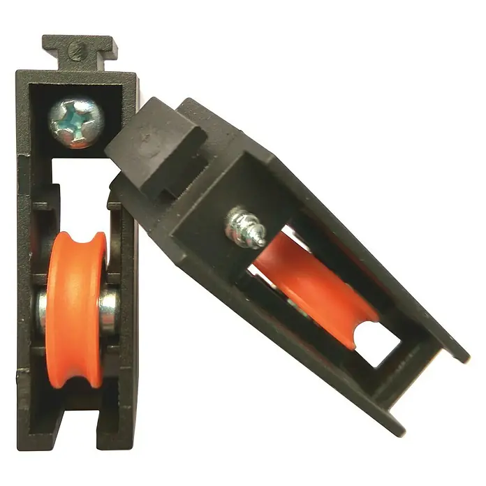 Cojinete de bolas plástico 1-P - Diámetro: 19 mm, Ancho: 14 mm - Dos accesorios de ventana de rodillo con rodillos naranjas y marcos negros, aptos para ventanas y puertas correderas.