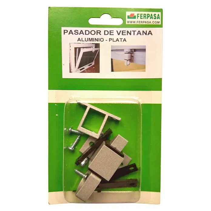 Cierre de seguridad para ventanas - Plateado - Imagen del producto de un cerrojo de ventana de aluminio plateado en un embalaje con fondo verde.