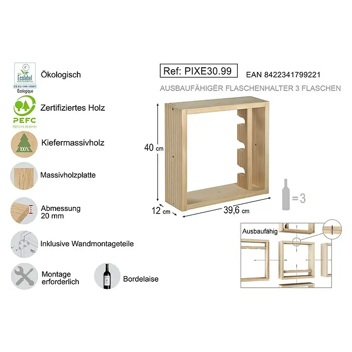 Astigarraga Botellero Píxel - L x An x Al: 12 x 39,6 x 40 cm, Madera, 3 botellas - Imagen de un botellero ampliable para 3 botellas, hecho de pino macizo, con dimensiones e información sobre el montaje y el material.