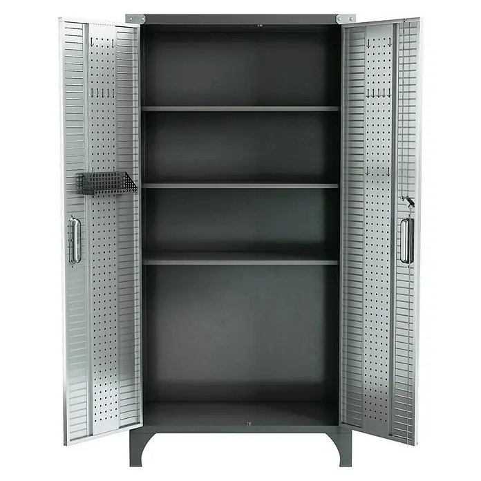 Wisent Werkstatt-Hochschrank - L x B x H: 46 x 91 x 183 cm, Silber/Schwarz - Aufnahme eines offenen Metallschranks mit Regalen und gelochten Türen.