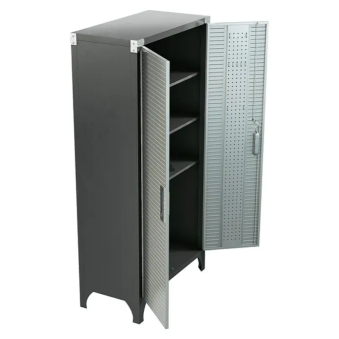 Wisent Werkstatt-Hochschrank - L x B x H: 46 x 91 x 183 cm, Silber/Schwarz - Aufnahme eines grauen, freistehenden Werkzeugschranks mit zwei Regalböden und gelochten Türen für mehr Stauraum.