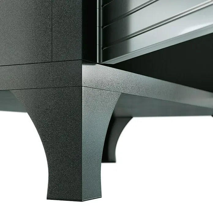 Wisent Werkstatt-Hochschrank - L x B x H: 46 x 91 x 183 cm, Silber/Schwarz - Detailaufnahme eines modernen Möbelstücks mit fokusierten Standbeinen, die Design und Stabilität vereinen.