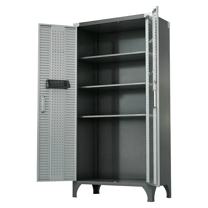 Wisent Werkstatt-Hochschrank - L x B x H: 46 x 91 x 183 cm, Silber/Schwarz - Grauer Metallschrank mit offenen Türen und Regalen.