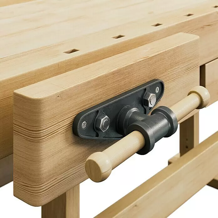 Ramia Hobelbank Premium 1 - L x B: 2.120 x 760 mm, Arbeitshöhe: 860 mm, Holz - Hölzerner Werkbank-Schraubstock mit dunklem Metallmechanismus und Griff, bereit zum Spannen von Materialien.