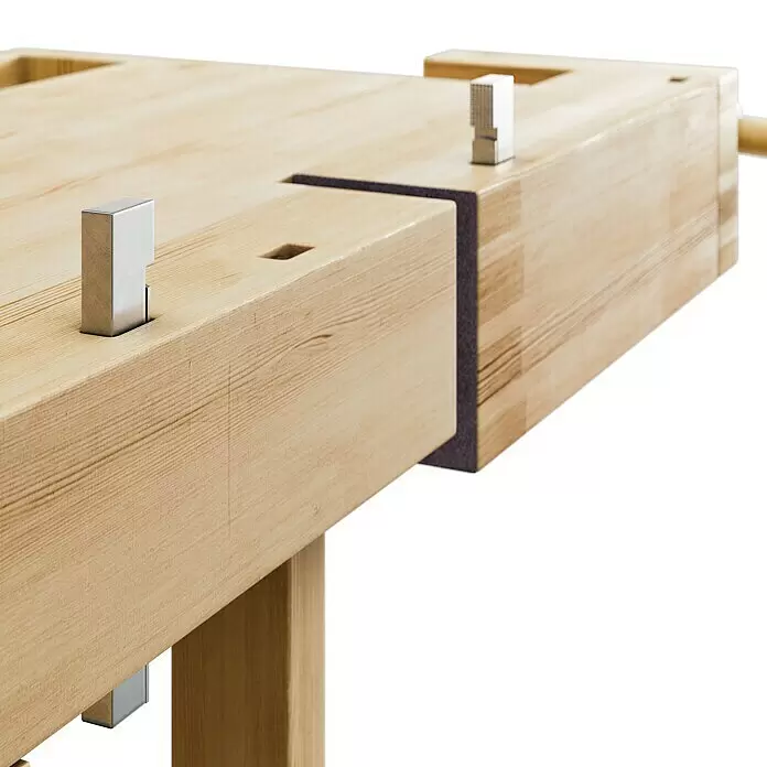 Ramia Hobelbank Premium 1 - L x B: 2.120 x 760 mm, Arbeitshöhe: 860 mm, Holz - Helle Holzwerkbankplatte mit silbernen Bankhaken und dunkler Fuge.
