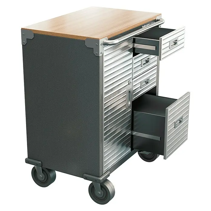 Wisent Werkstattwagen - L x B x H: 51 x 71 x 88 cm, Anzahl Schubladen: 4 Stk., Stahl - Der rollbare Werkzeugwagen mit Holzplatte, silbernen Schubladen und grauem Korpus bietet flexible Aufbewahrungslösungen in der Werkstatt.